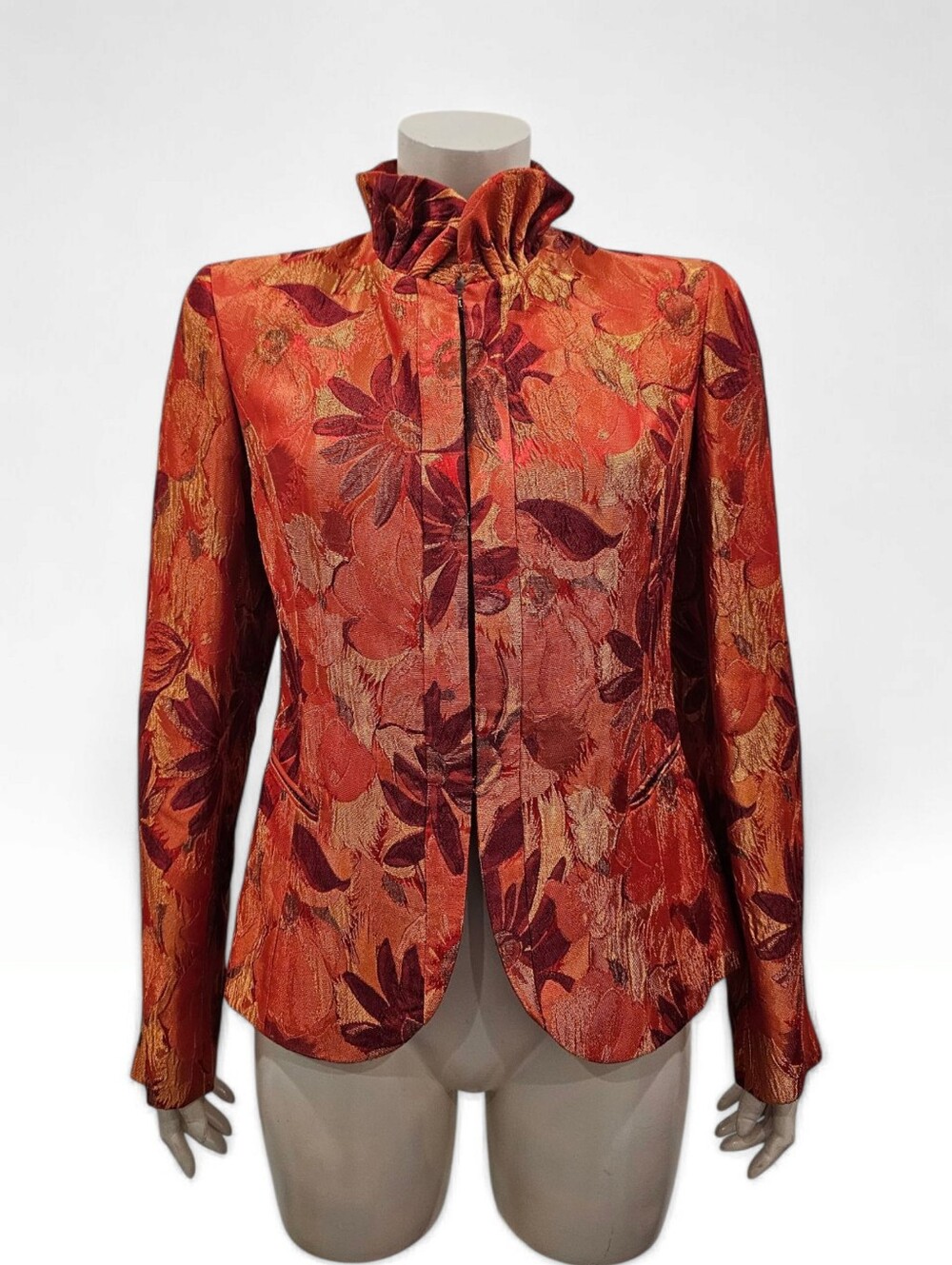 LAFAYETTE 148 Women Orange Red Floral Jacquard Ruffle Neck Blazer Jacket 8